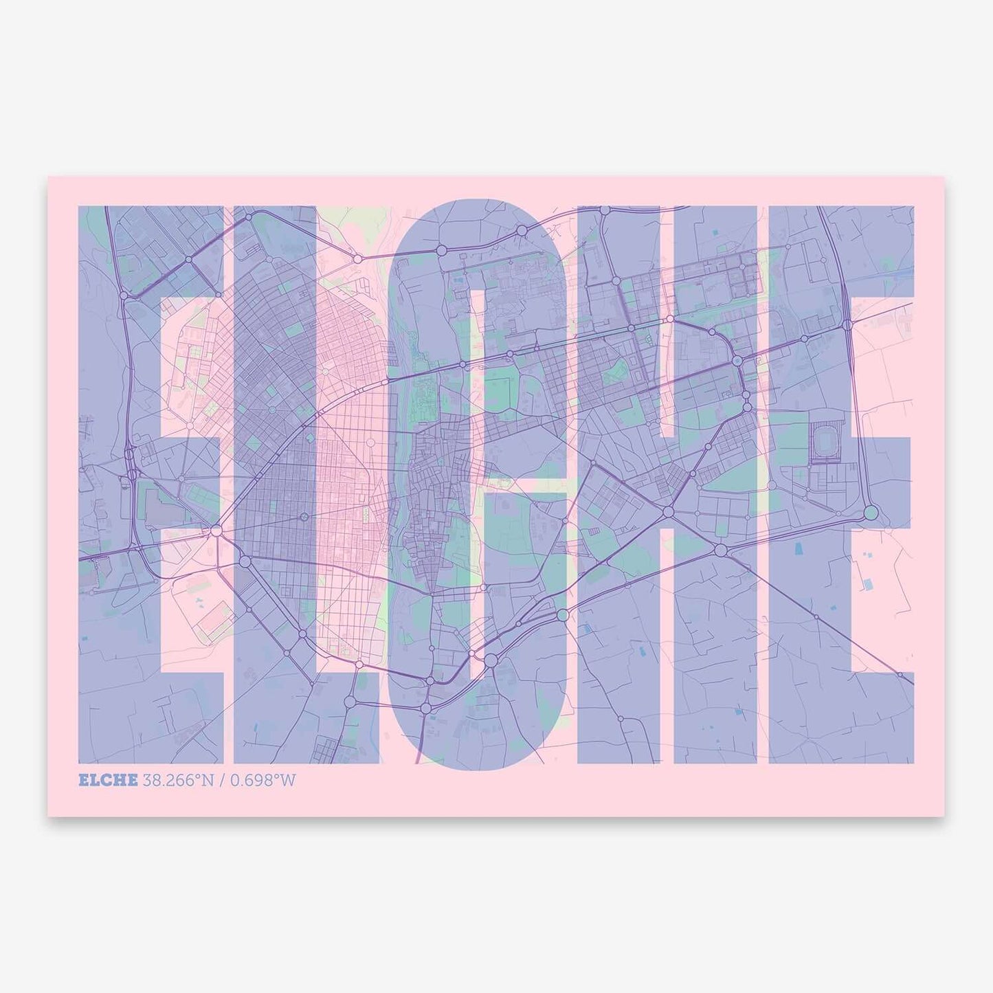 The map of Elche and letters of its name in a giclée print designed in pink and light blue