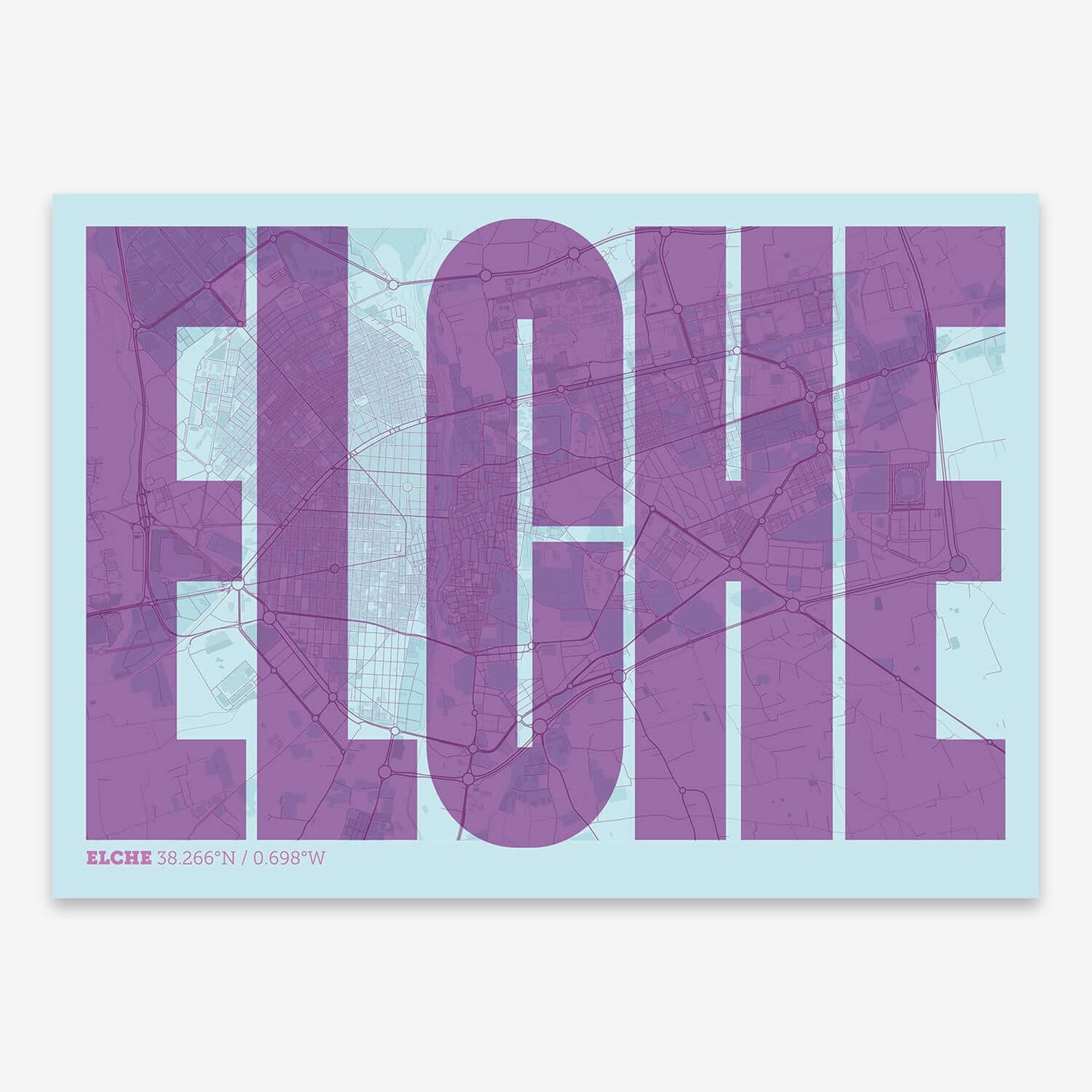 The map of Elche and letters of its name in a giclée print designed in purple and light blue