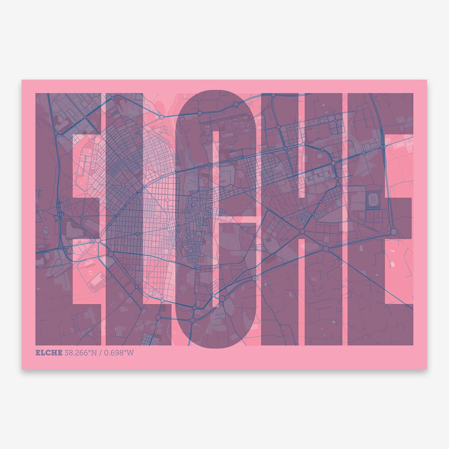 The map of Elche and letters of its name in a giclée print designed in violet y pink background