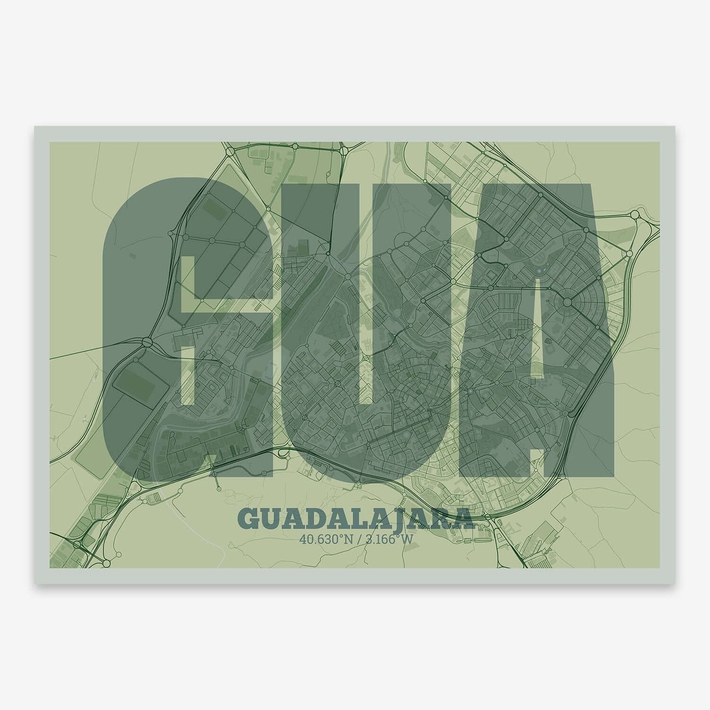 The map of Guadalajara composed with letters in a heavy geometric font printed on two green tones
