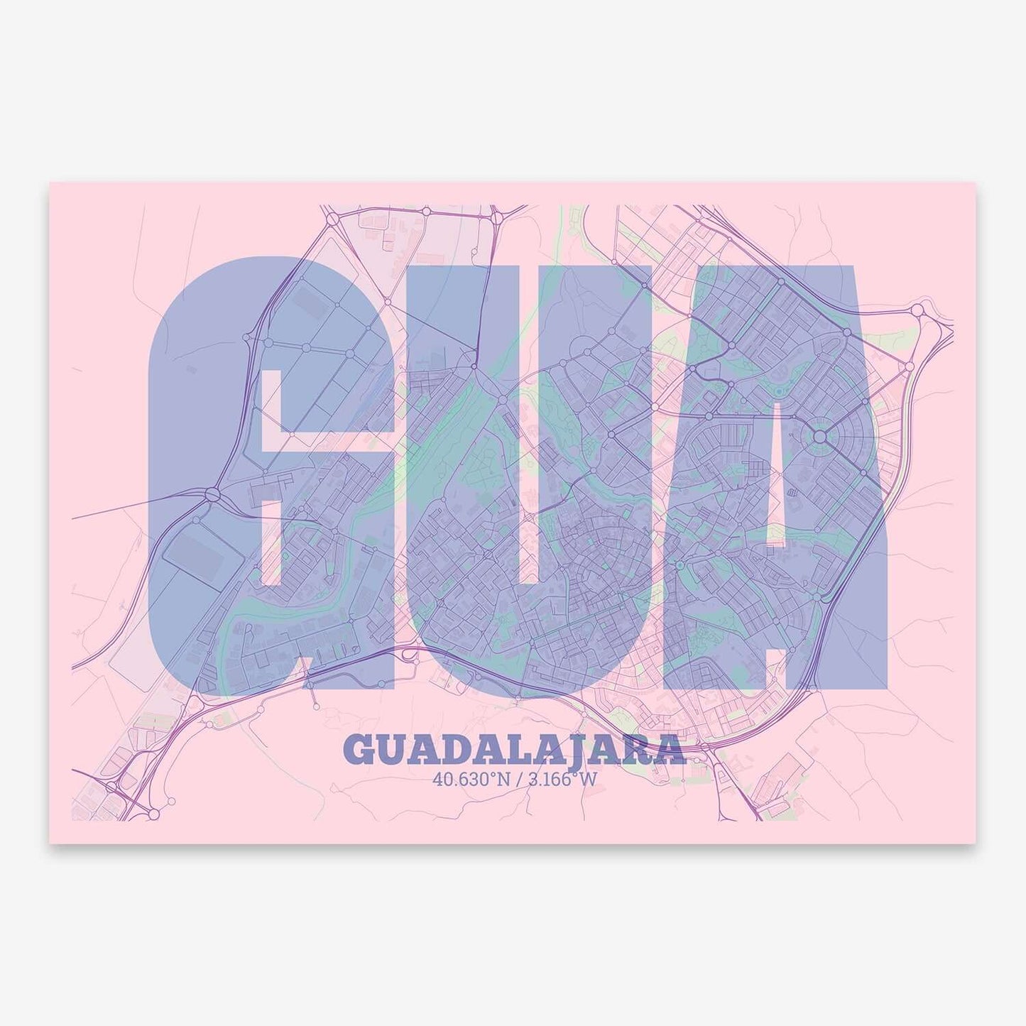The map of Guadalajara composed with letters in a heavy geometric font printed on pink and light blue