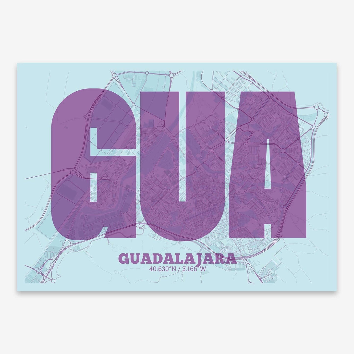 The map of Guadalajara composed with letters in a heavy geometric font printed on purple and light blue