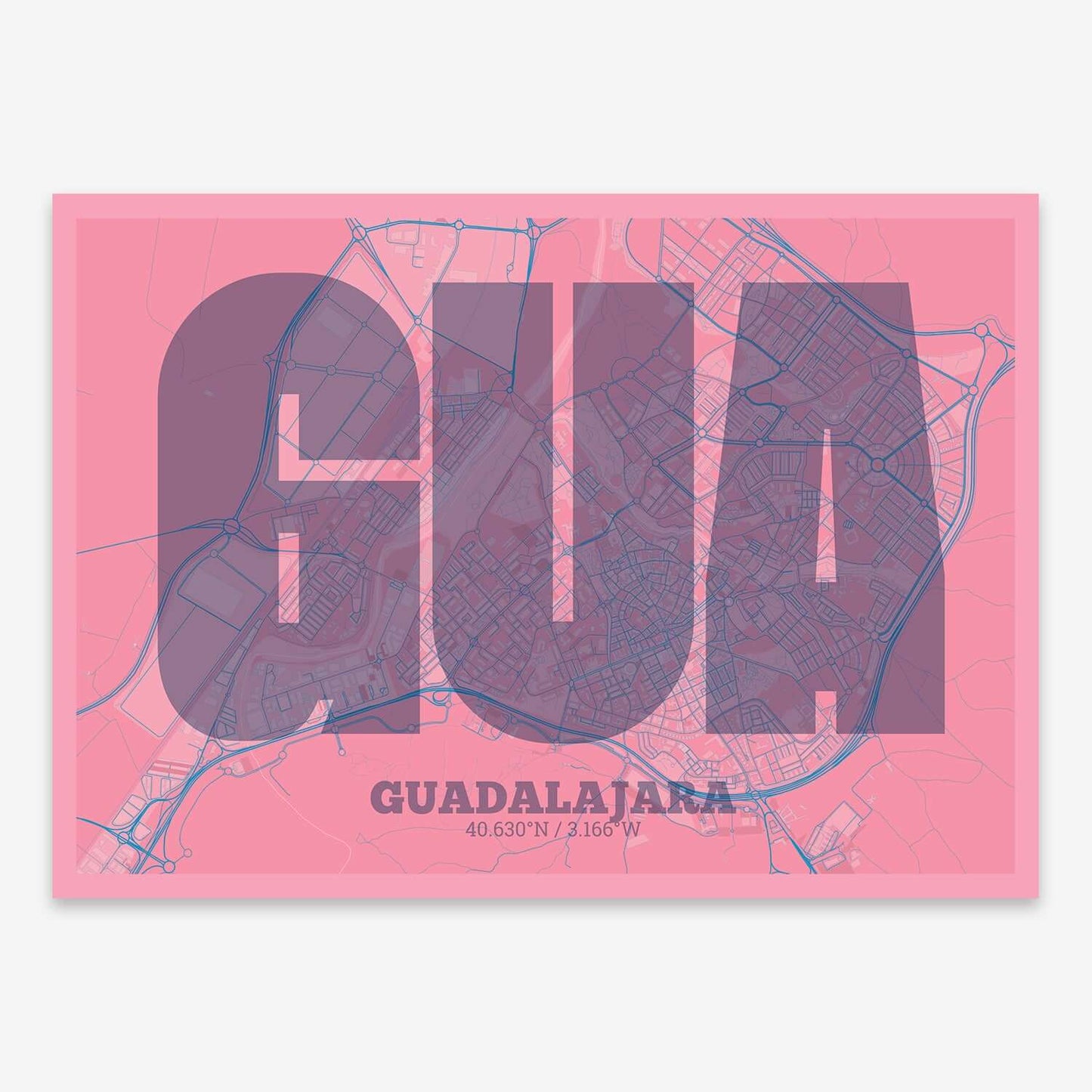 The map of Guadalajara composed with letters in a heavy geometric font printed on violet y pink background