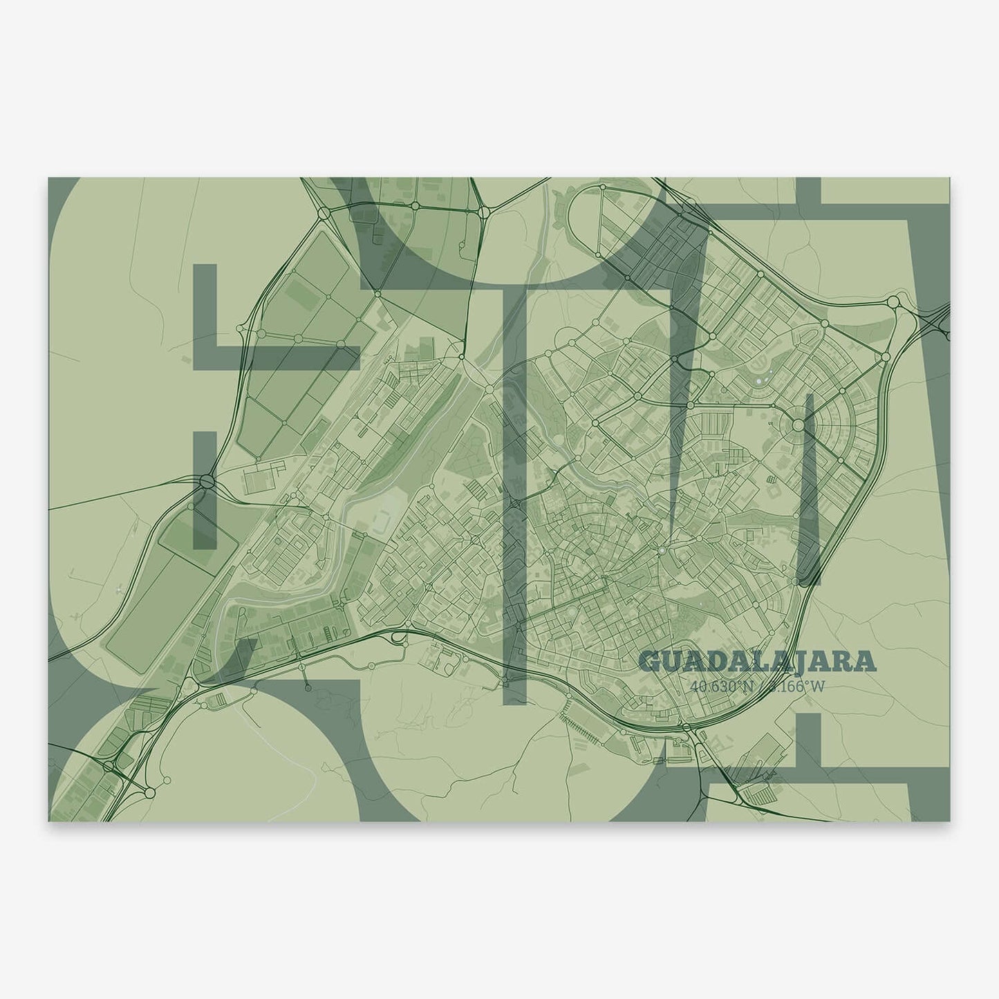 The map of Guadalajara composed with letters from its name or IATA code printed on two green tones