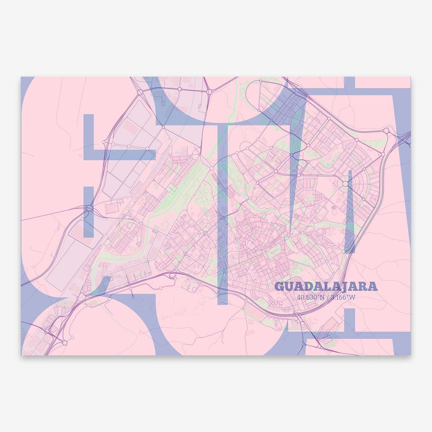 The map of Guadalajara composed with letters from its name or IATA code printed on pink and light blue