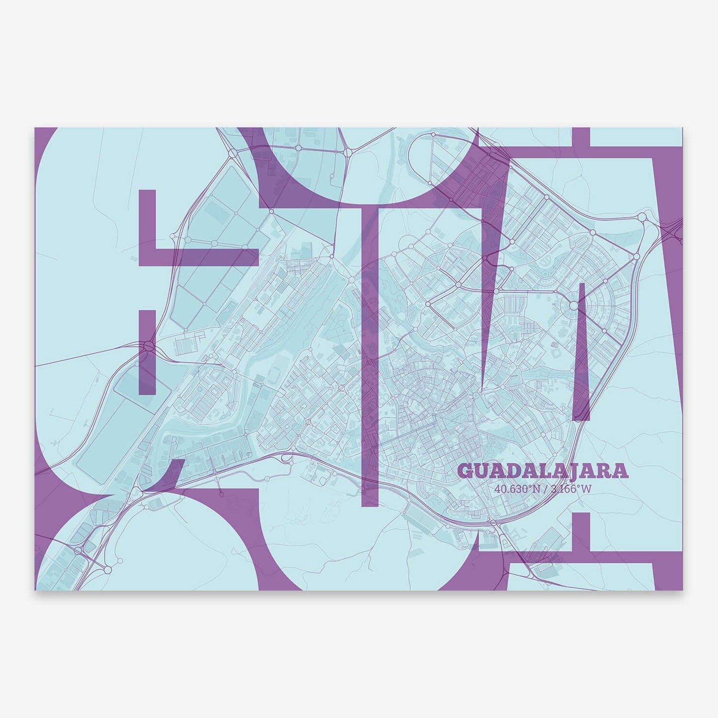 The map of Guadalajara composed with letters from its name or IATA code printed on purple and light blue