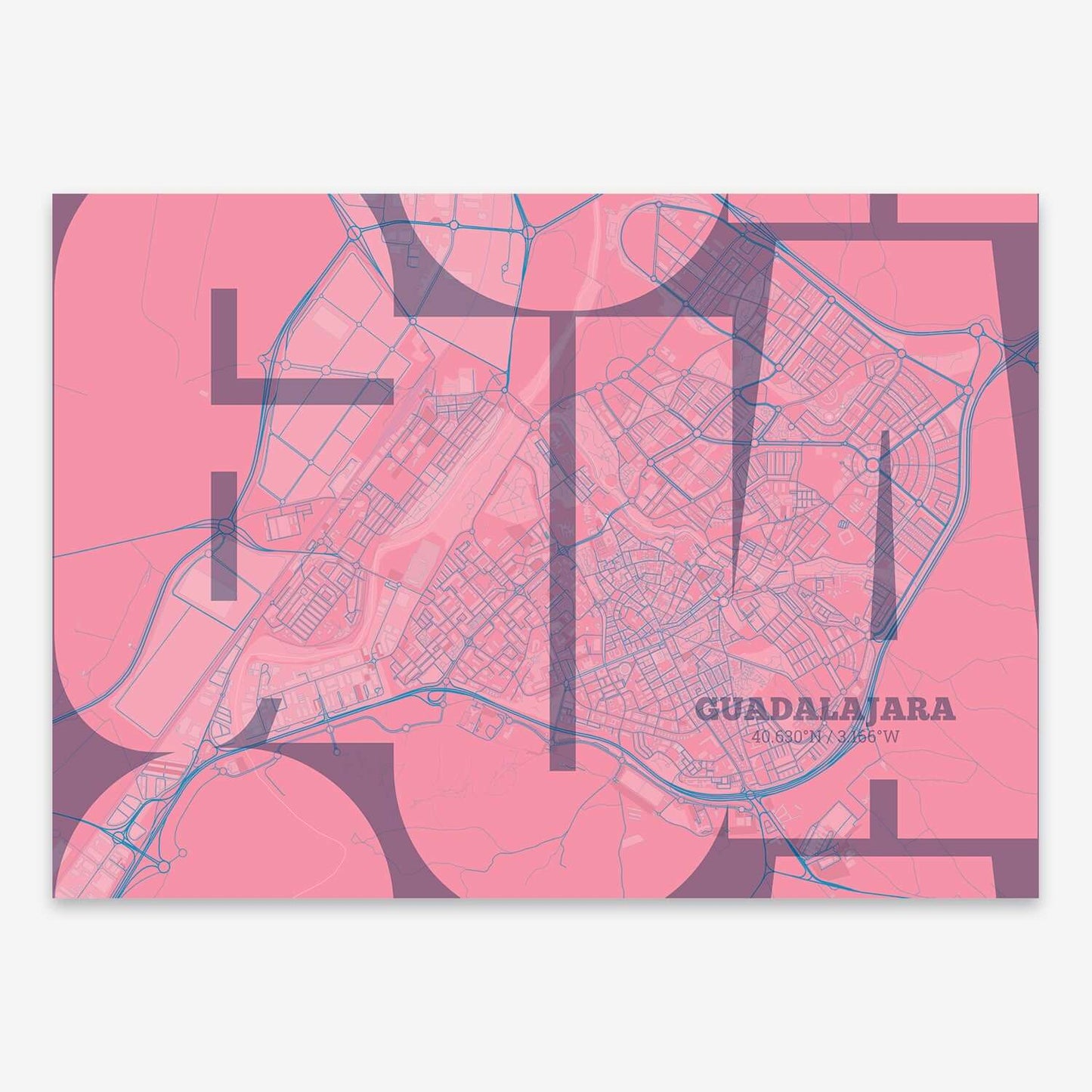 The map of Guadalajara composed with letters from its name or IATA code printed on violet y pink background