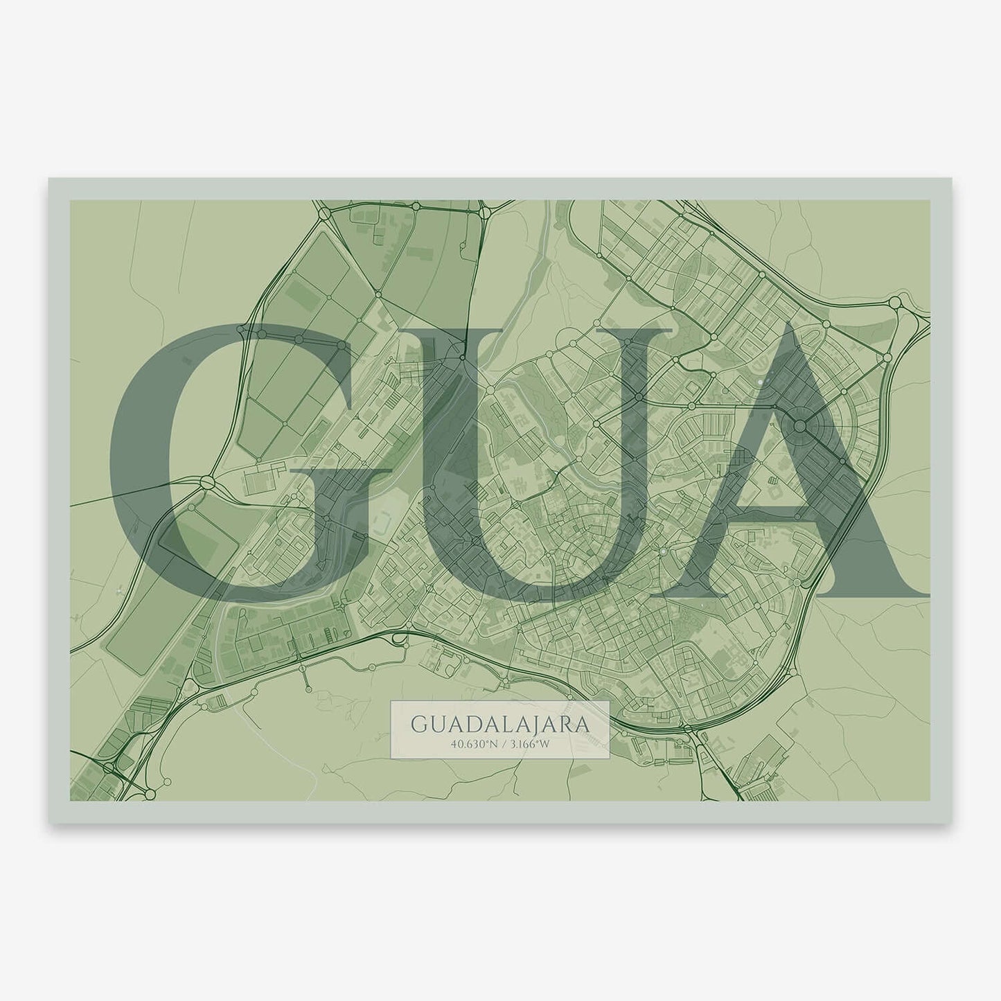 The map of Guadalajara composed with letters in serif font printed on two green tones