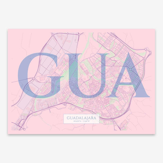 The map of Guadalajara composed with letters in serif font printed on pink and light blue