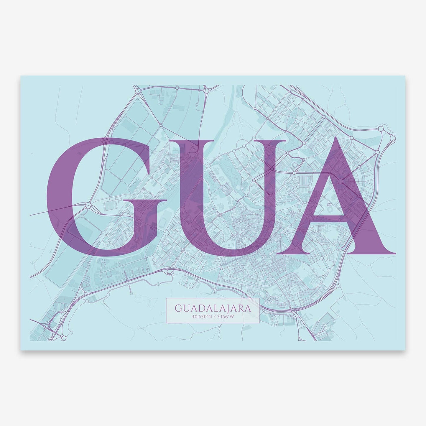The map of Guadalajara composed with letters in serif font printed on purple and light blue