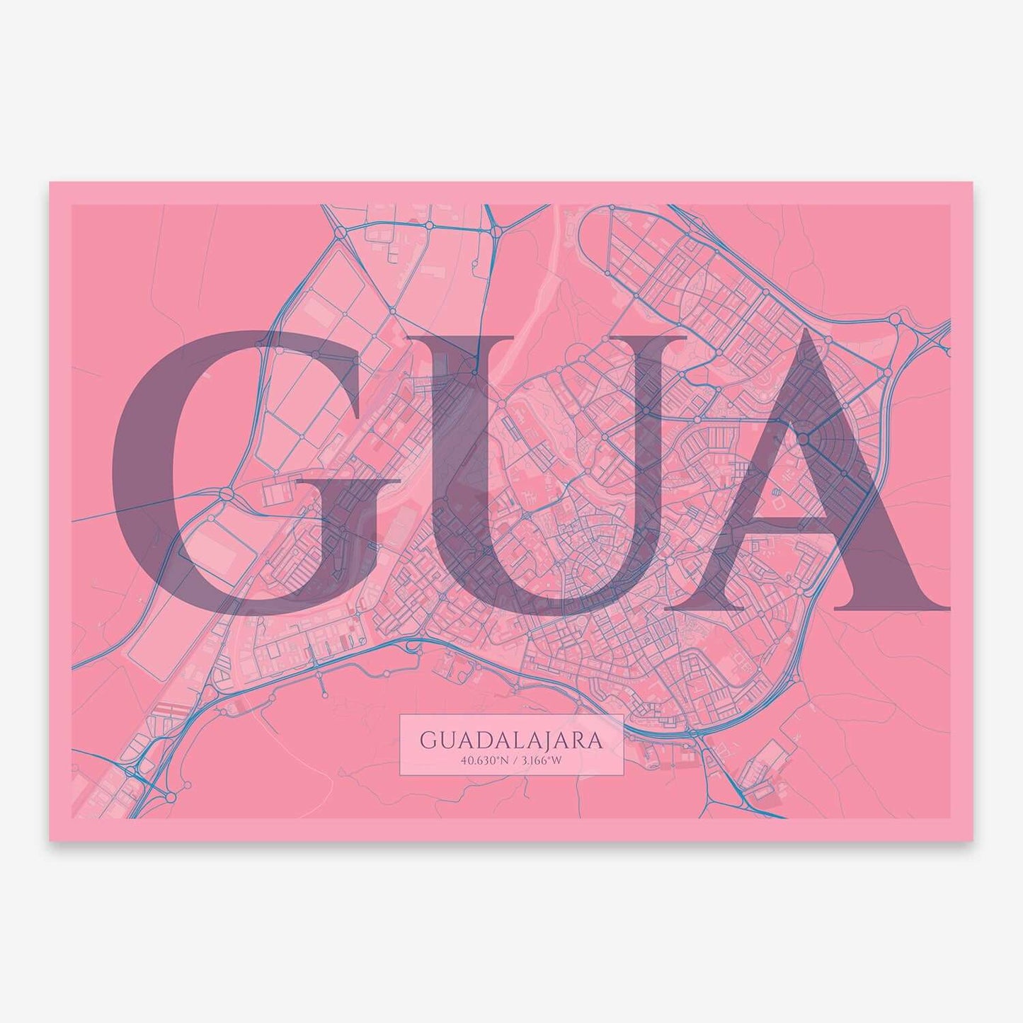 The map of Guadalajara composed with letters in serif font printed on violet y pink background