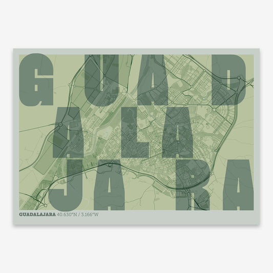 The map of Guadalajara with letters of its name placed randomly, designed in two green tones