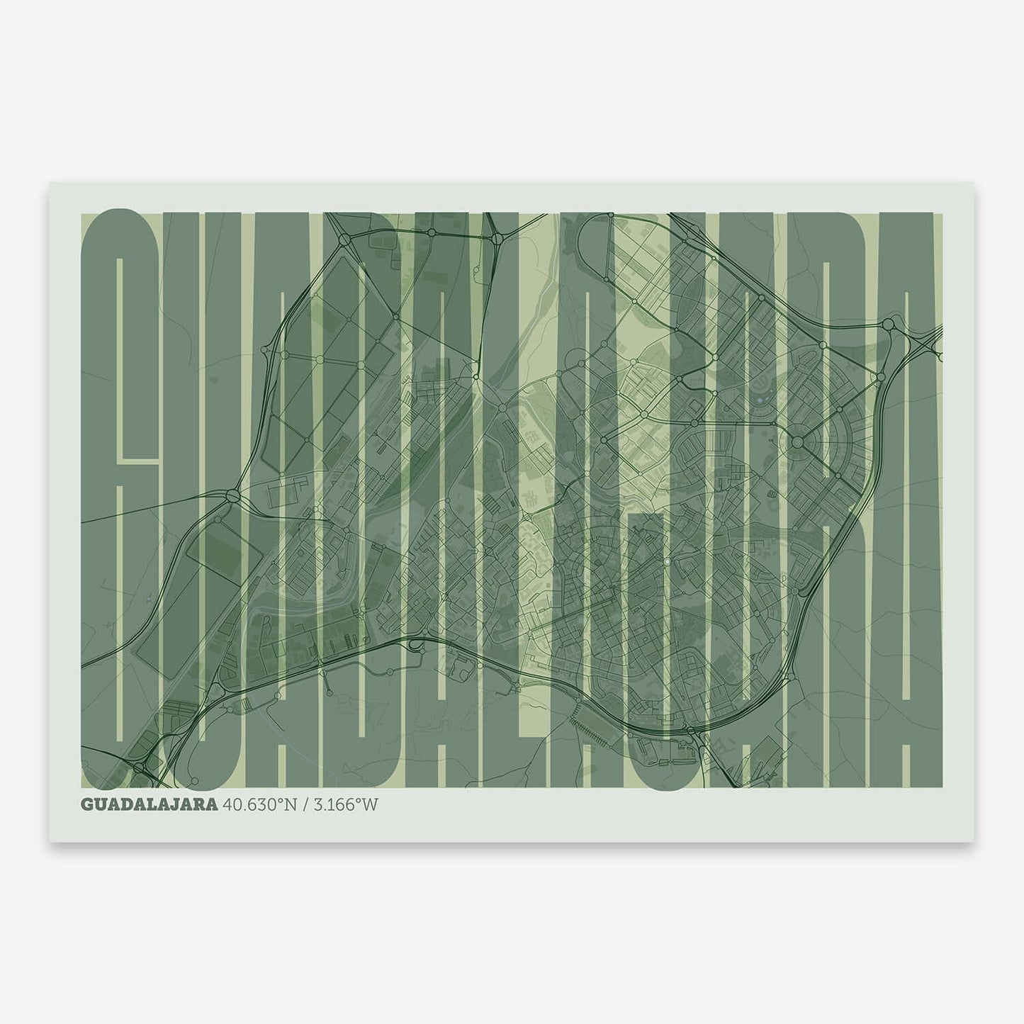 The map of Guadalajara and letters of its name in a giclée print designed in two green tones