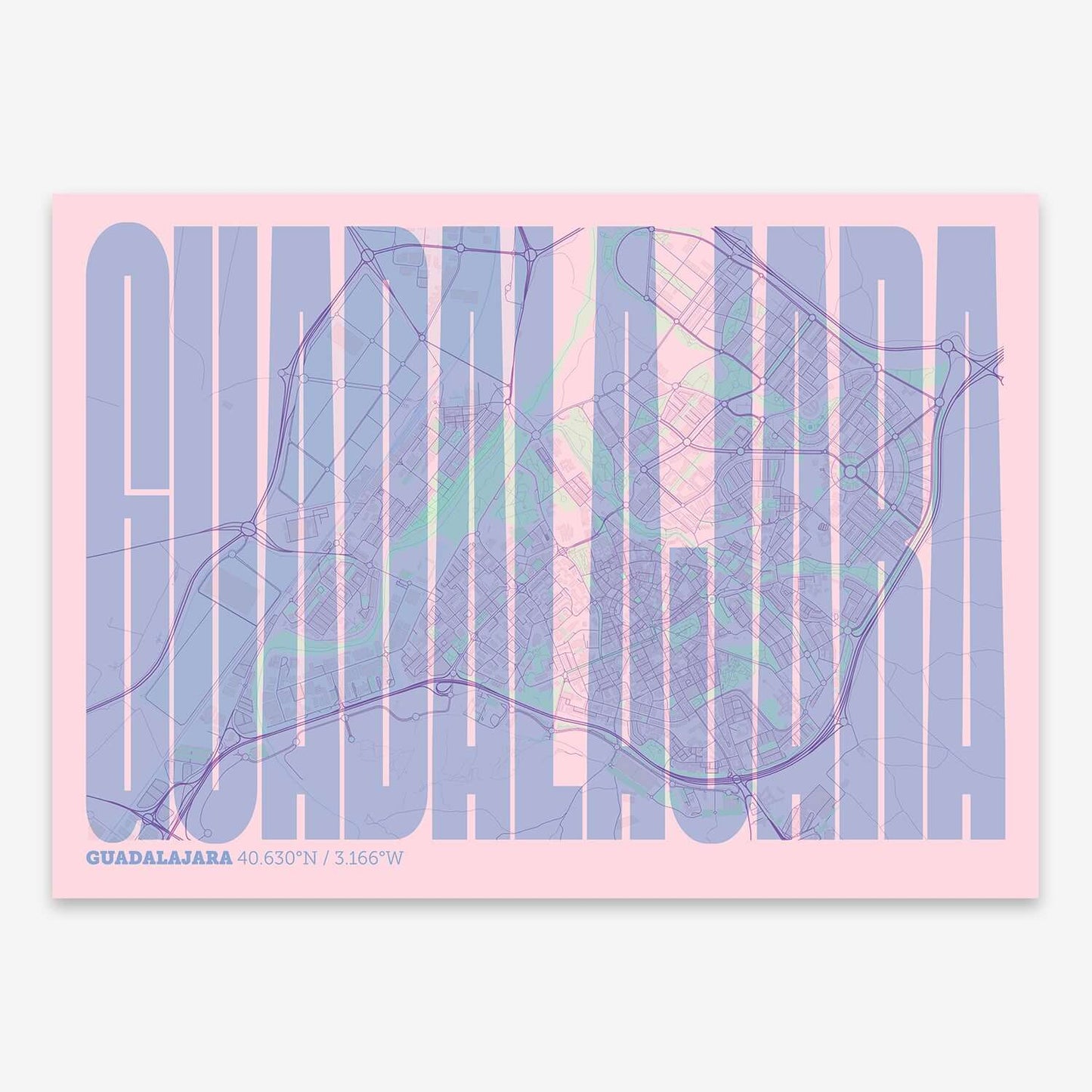 The map of Guadalajara and letters of its name in a giclée print designed in pink and light blue