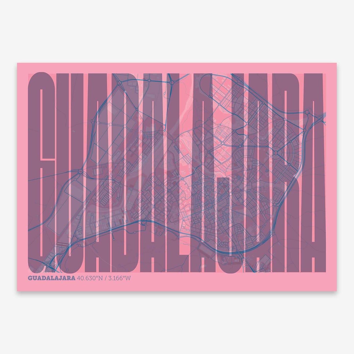 The map of Guadalajara and letters of its name in a giclée print designed in violet y pink background