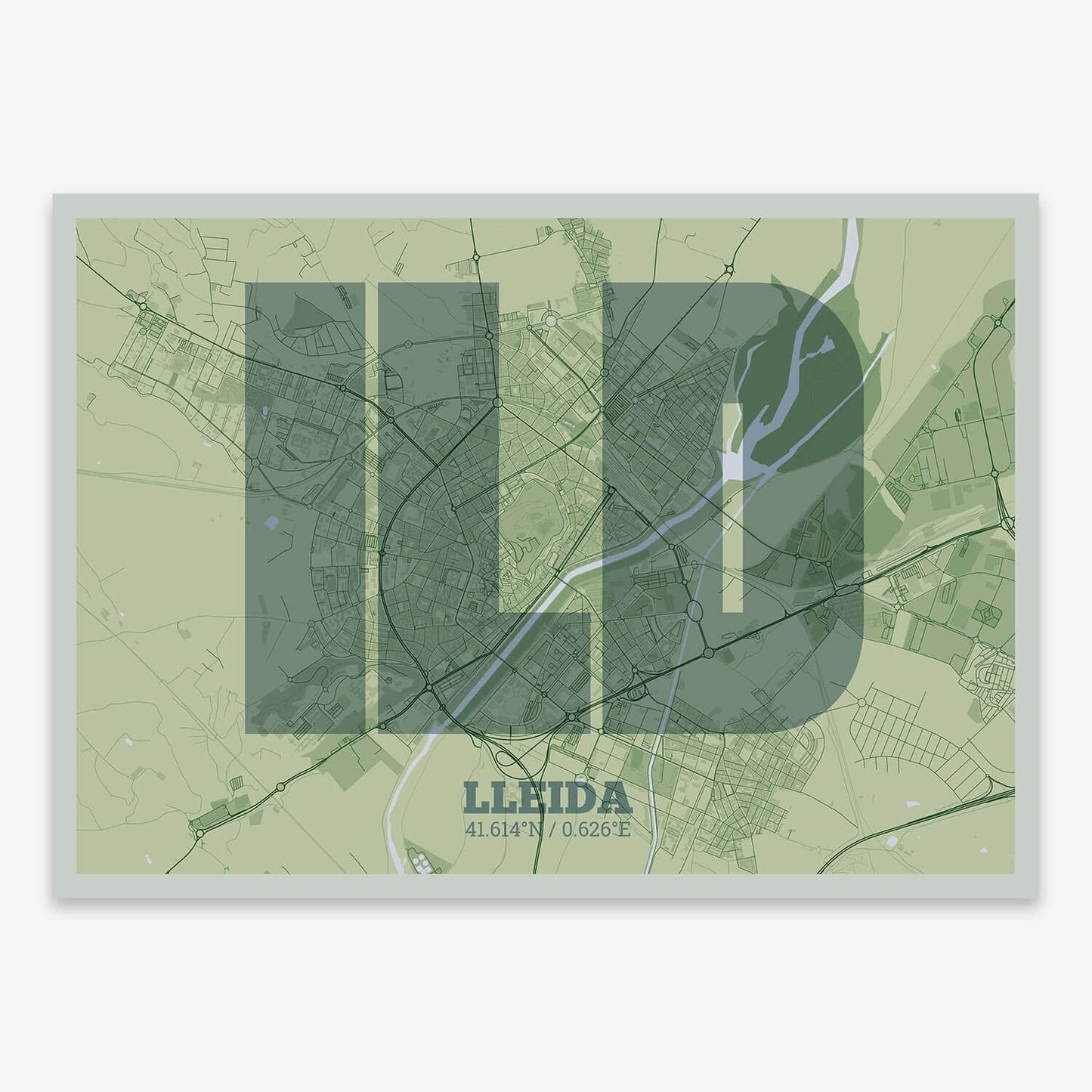 The map of Lleida composed with letters in a heavy geometric font printed on two green tones