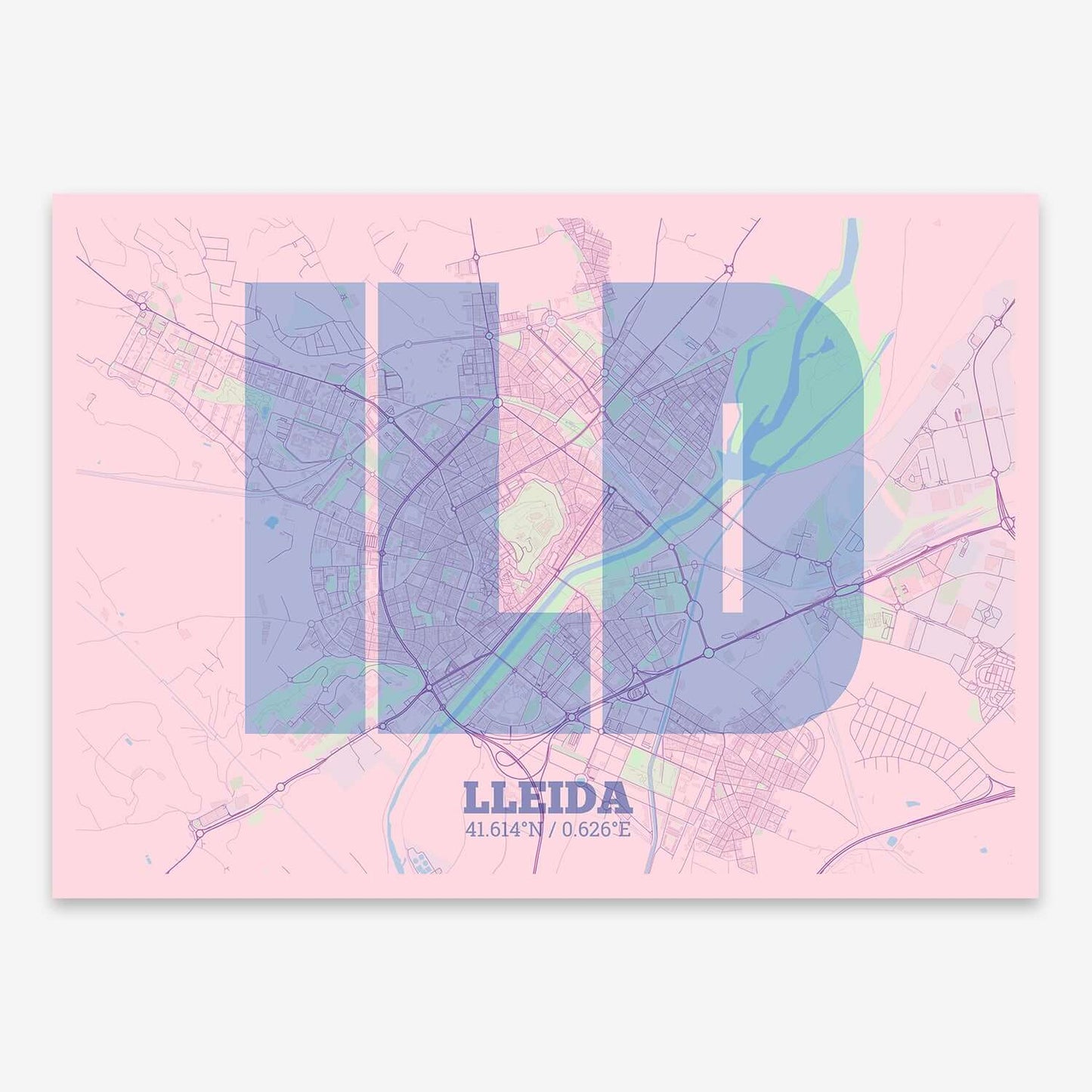 The map of Lleida composed with letters in a heavy geometric font printed on pink and light blue