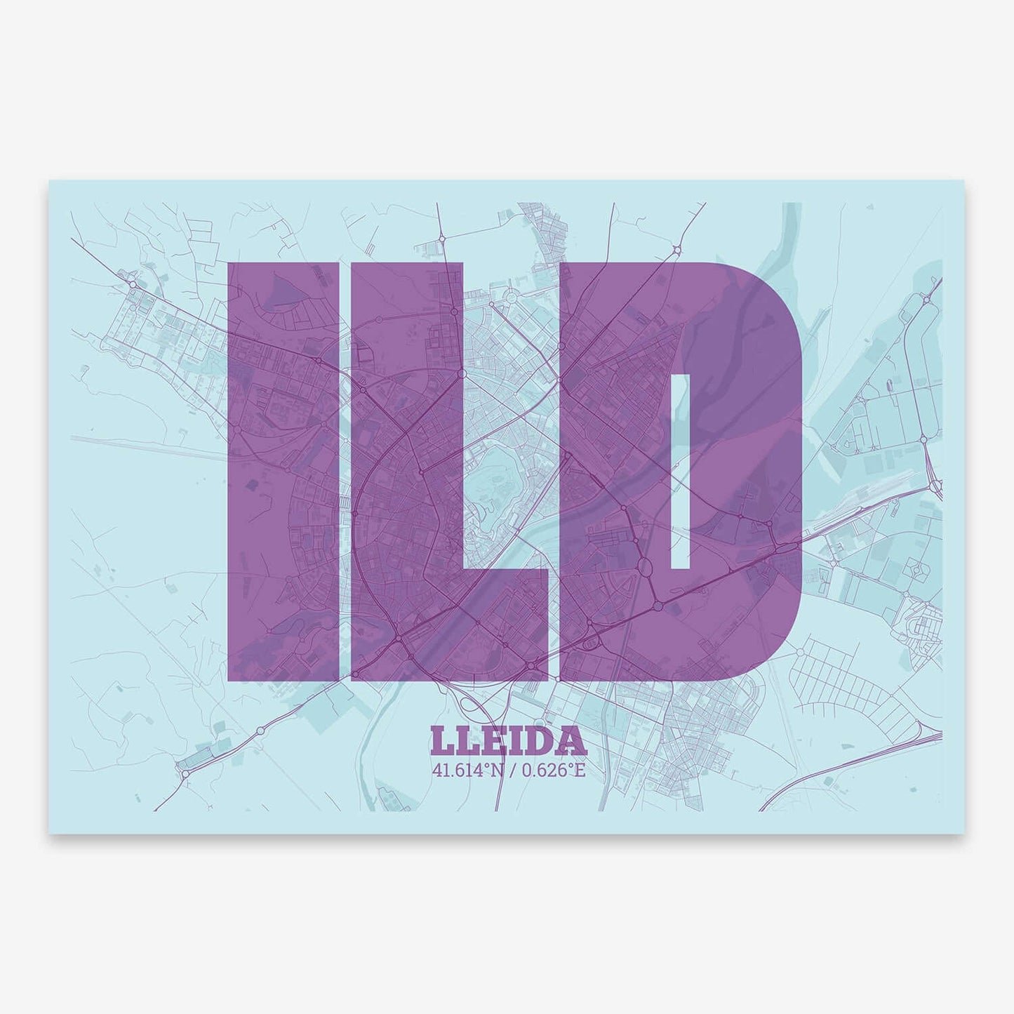 The map of Lleida composed with letters in a heavy geometric font printed on purple and light blue