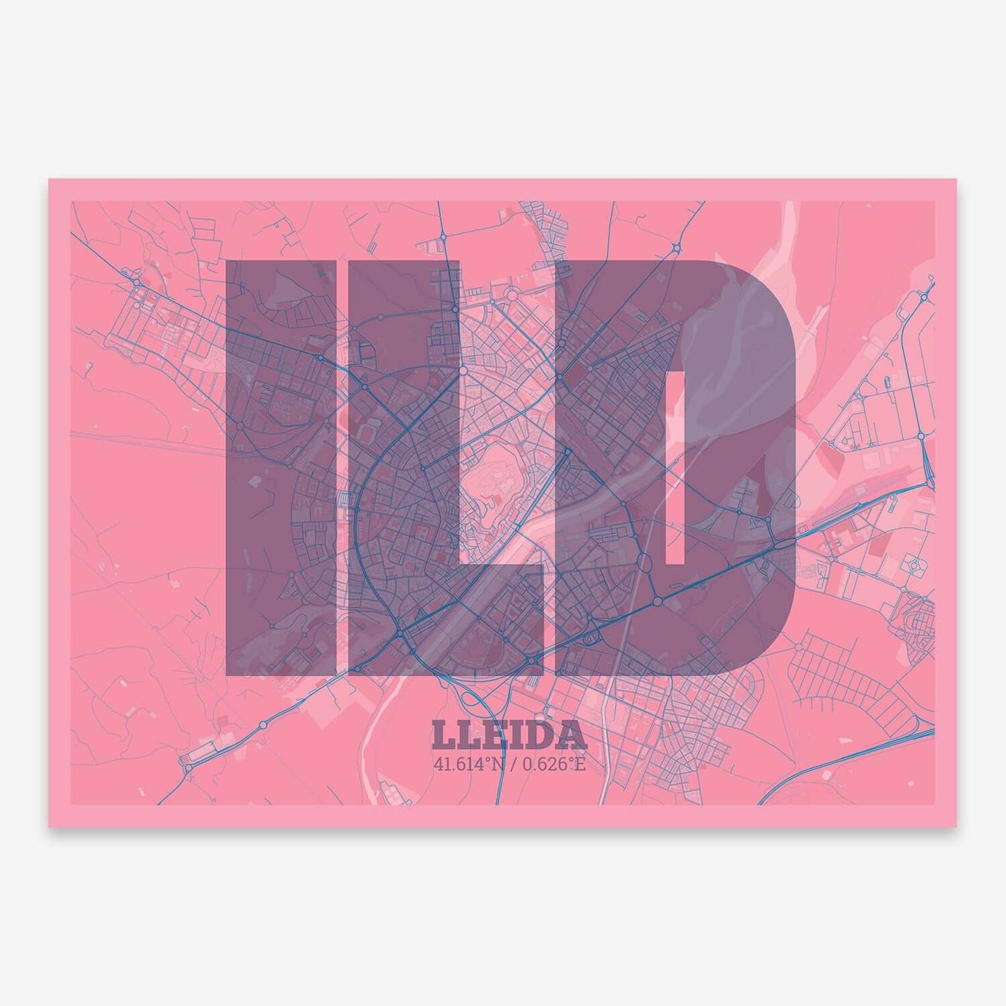The map of Lleida composed with letters in a heavy geometric font printed on violet y pink background