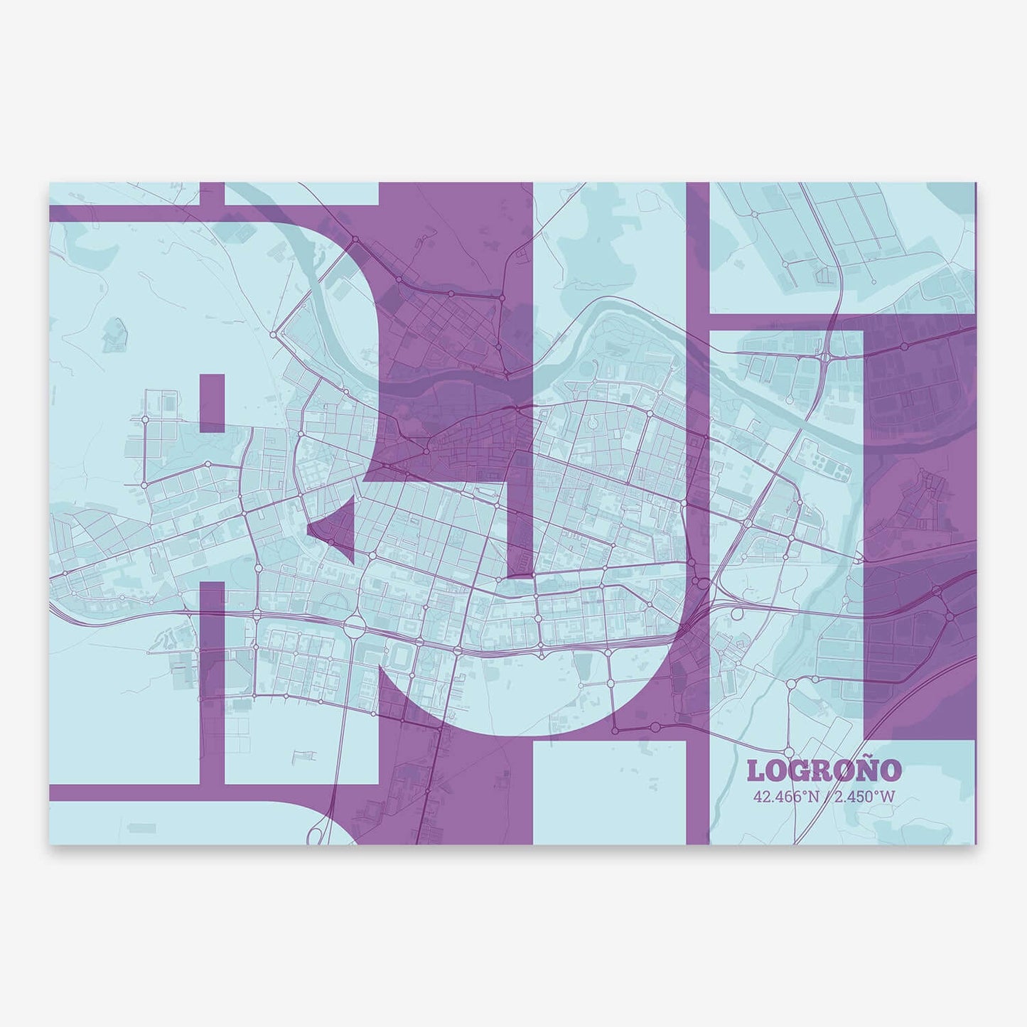 The map of Logrono composed with letters from its name or IATA code printed on purple and light blue