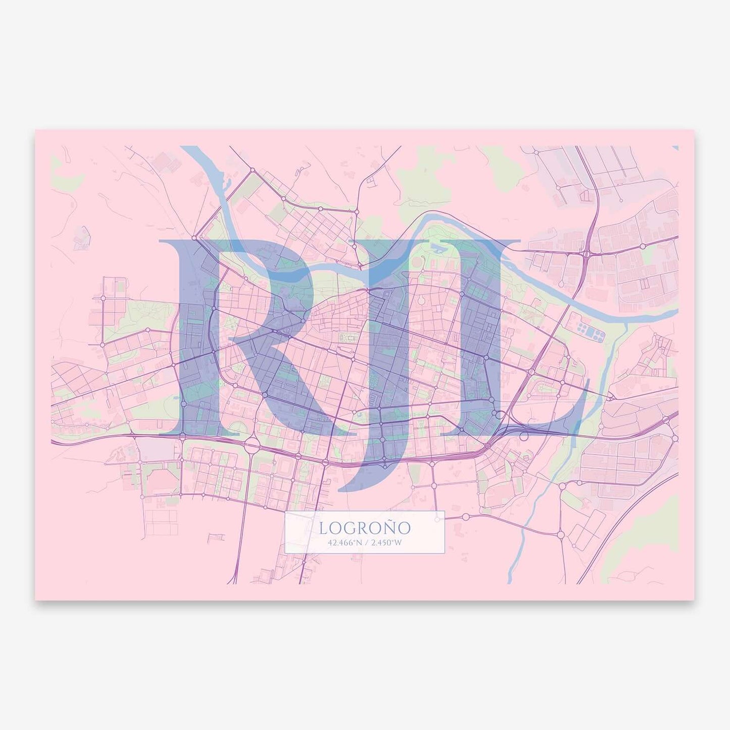 The map of Logrono composed with letters in serif font printed on pink and light blue