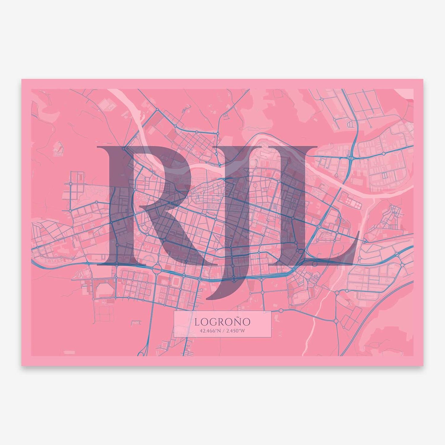 The map of Logrono composed with letters in serif font printed on violet y pink background