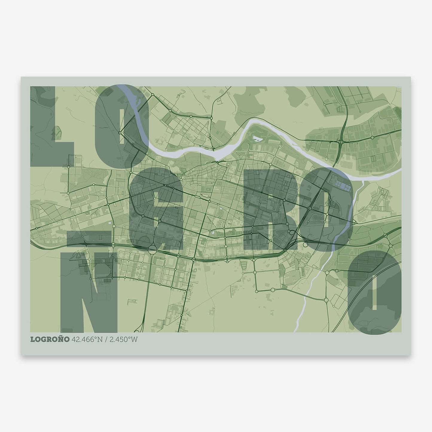The map of Logrono with letters of its name placed randomly, designed in two green tones