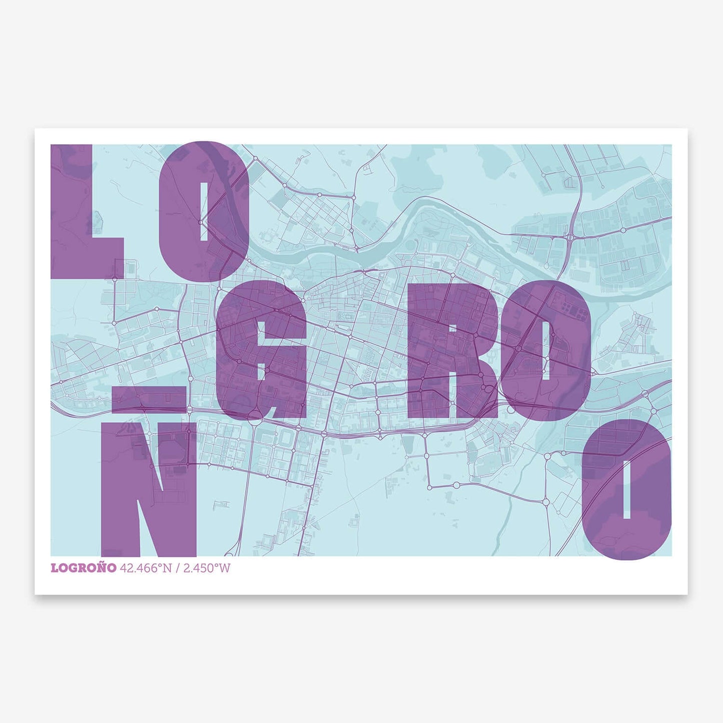 The map of Logrono with letters of its name placed randomly, designed in purple and light blue