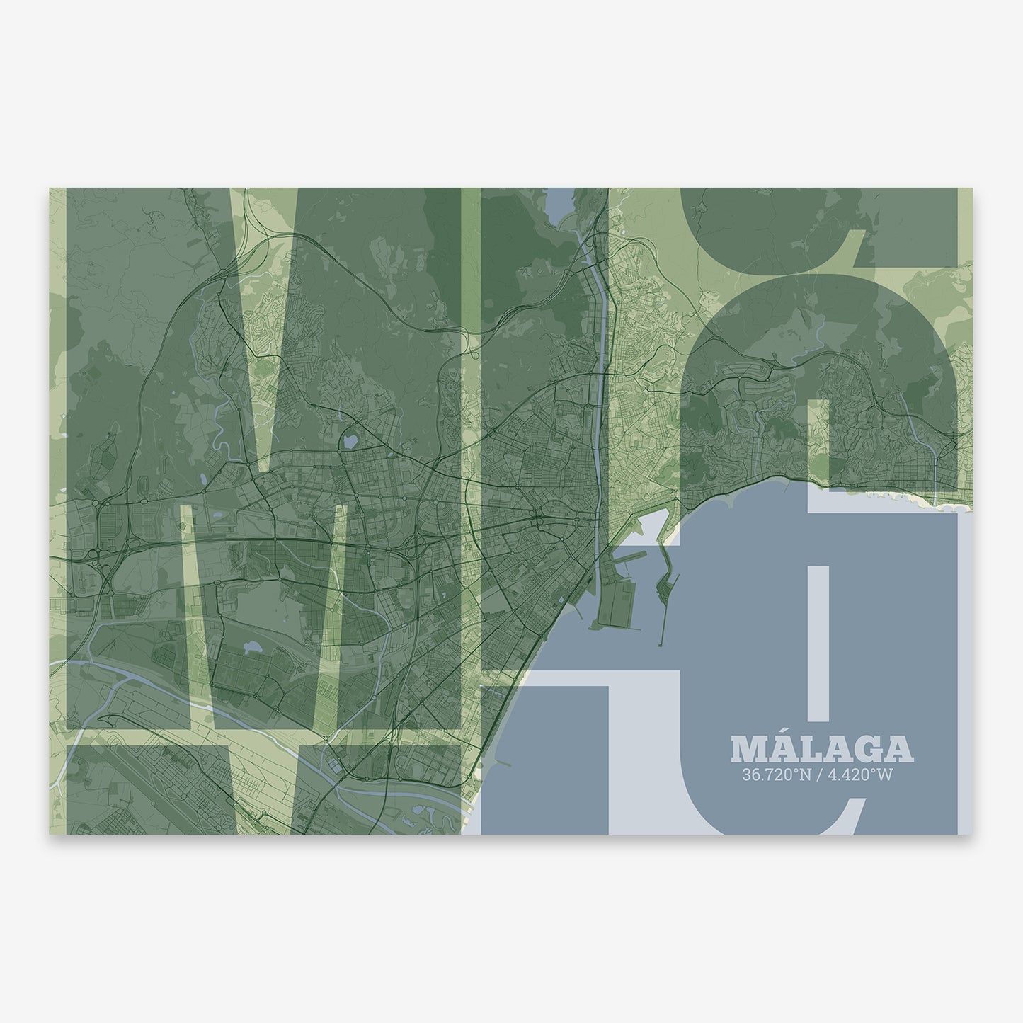 The map of Malaga composed with letters from its name or IATA code printed on two green tones