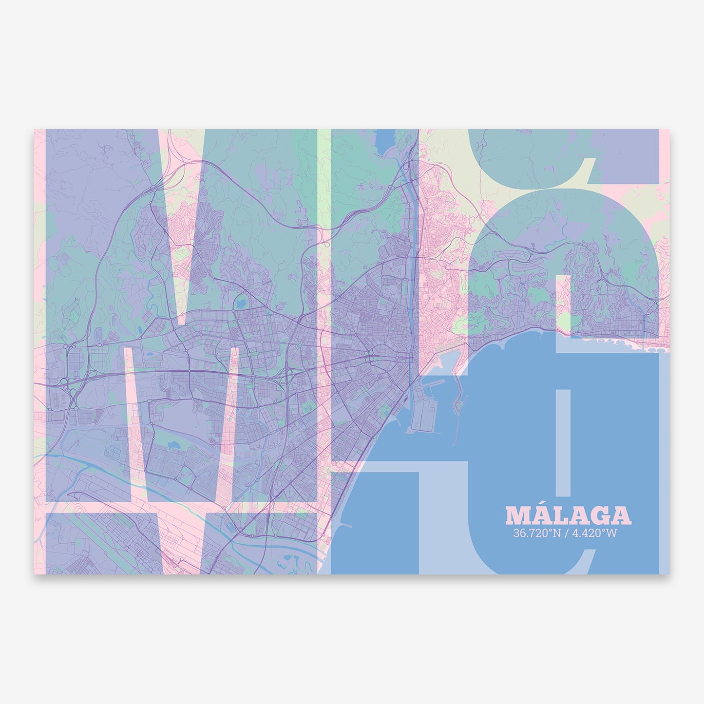 The map of Malaga composed with letters from its name or IATA code printed on pink and light blue