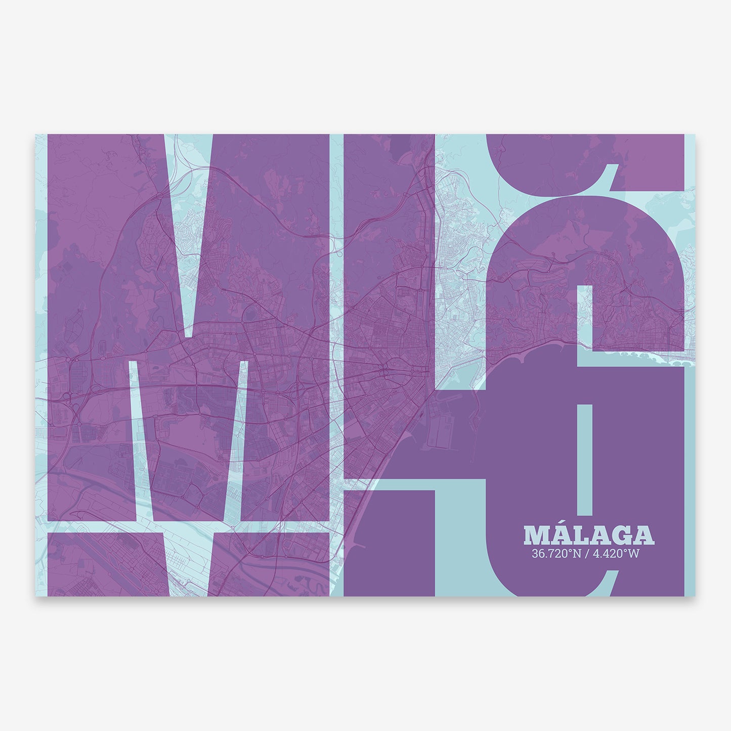 The map of Malaga composed with letters from its name or IATA code printed on purple and light blue