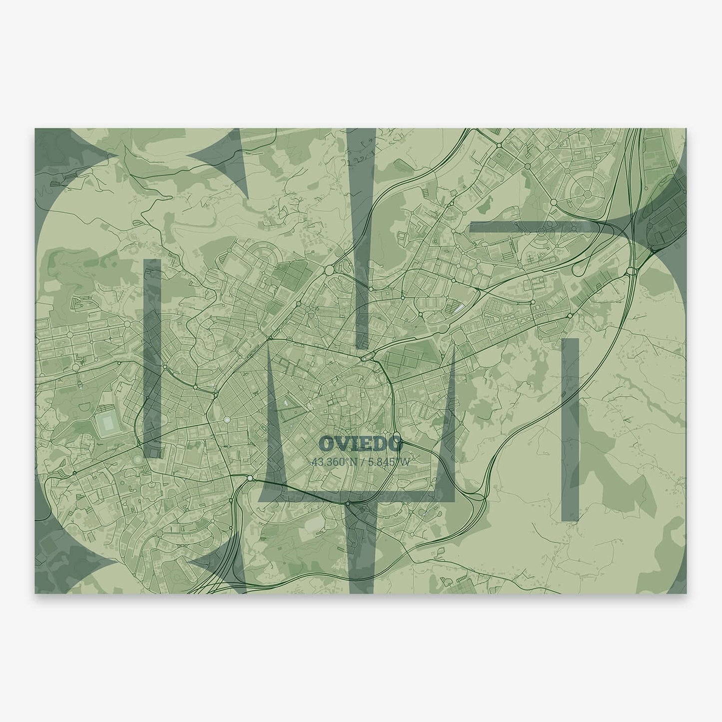 The map of Oviedo composed with letters from its name or IATA code printed on two green tones