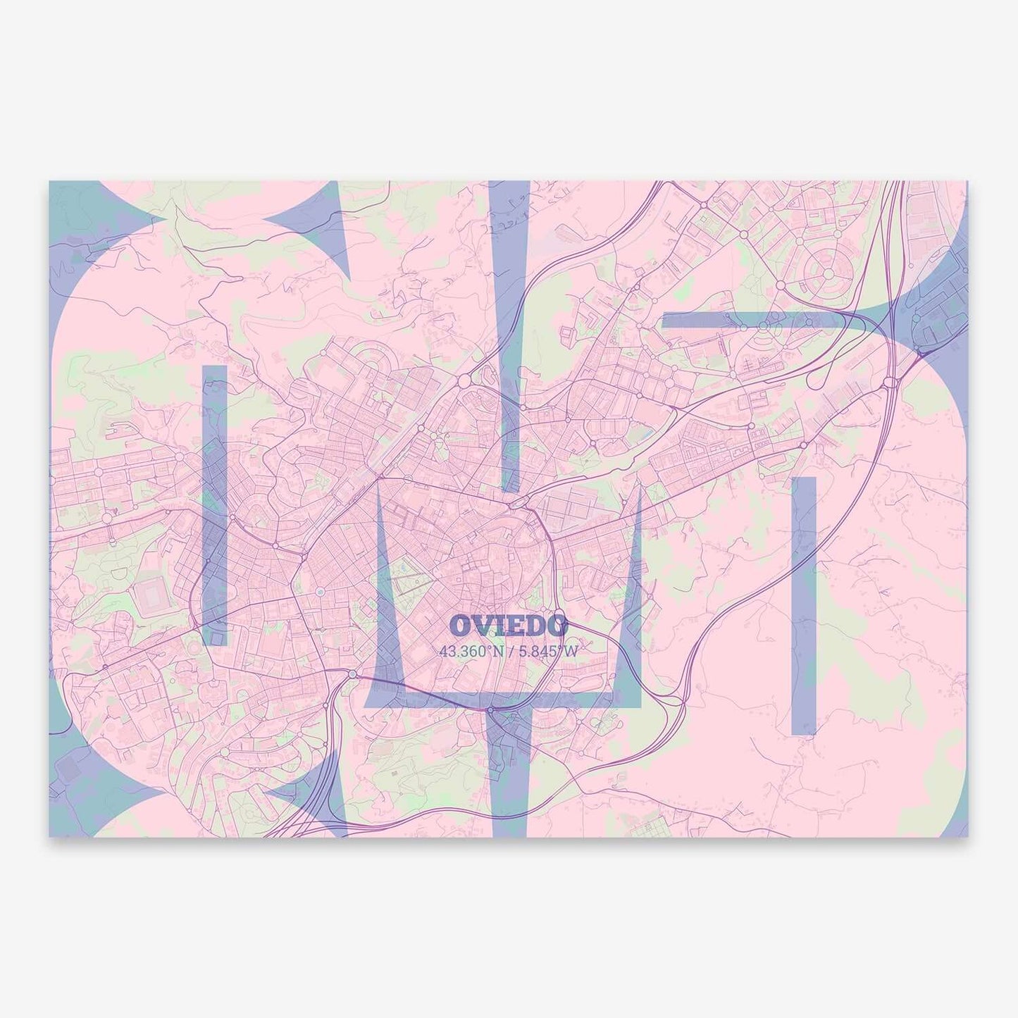 The map of Oviedo composed with letters from its name or IATA code printed on pink and light blue