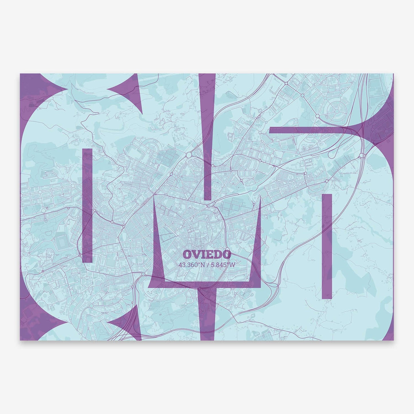 The map of Oviedo composed with letters from its name or IATA code printed on purple and light blue