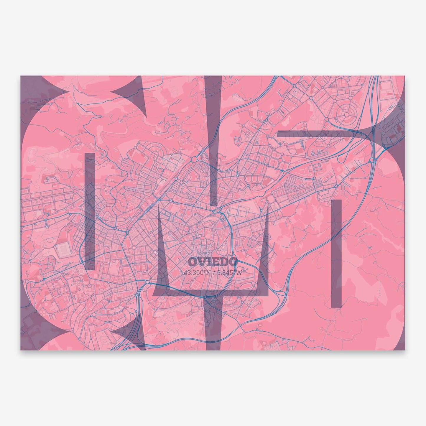 The map of Oviedo composed with letters from its name or IATA code printed on violet y pink background