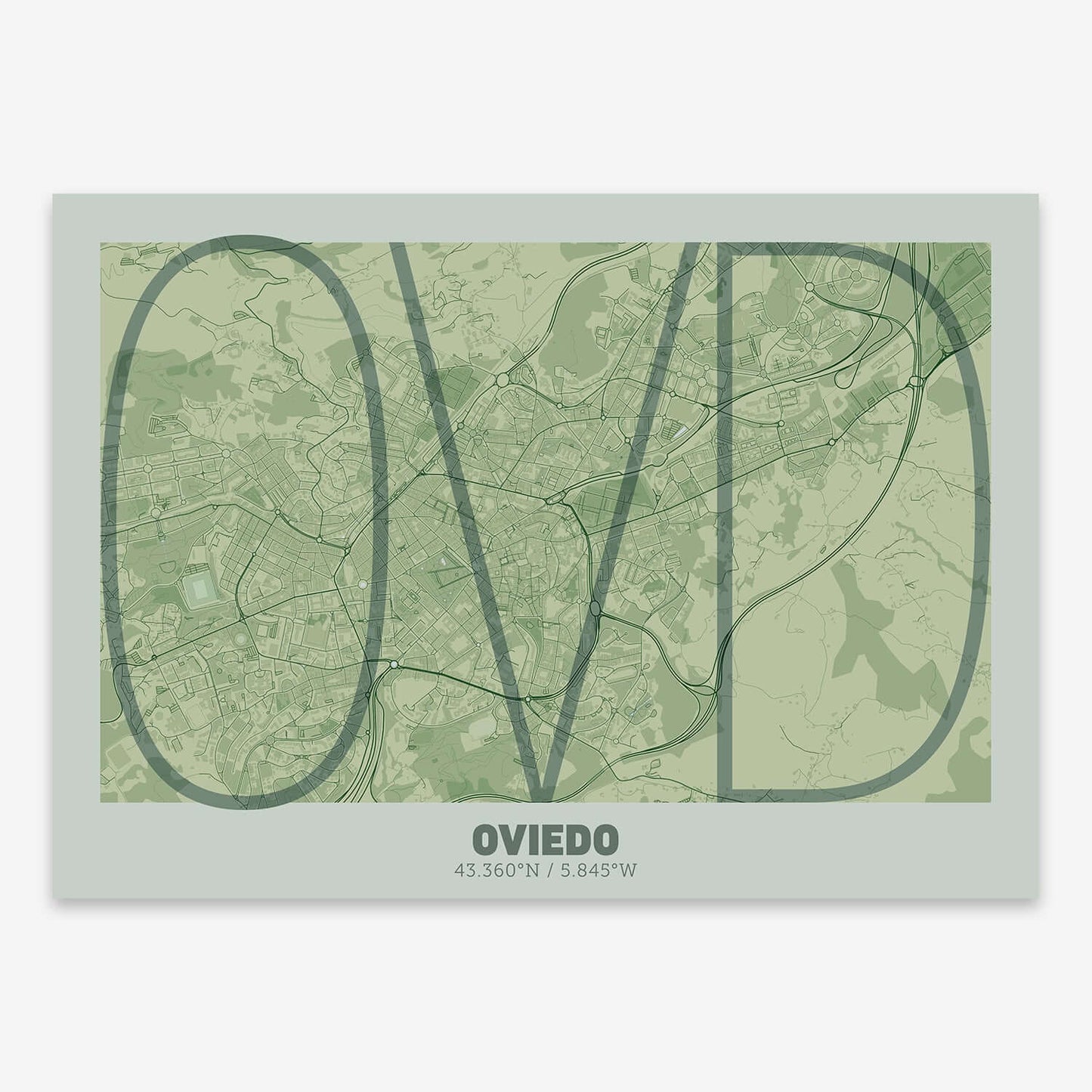 The map of Oviedo composed with letters in extra light font printed on two green tones