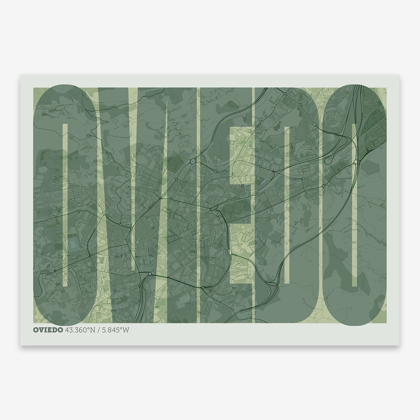 The map of Oviedo and letters of its name in a giclée print designed in two green tones