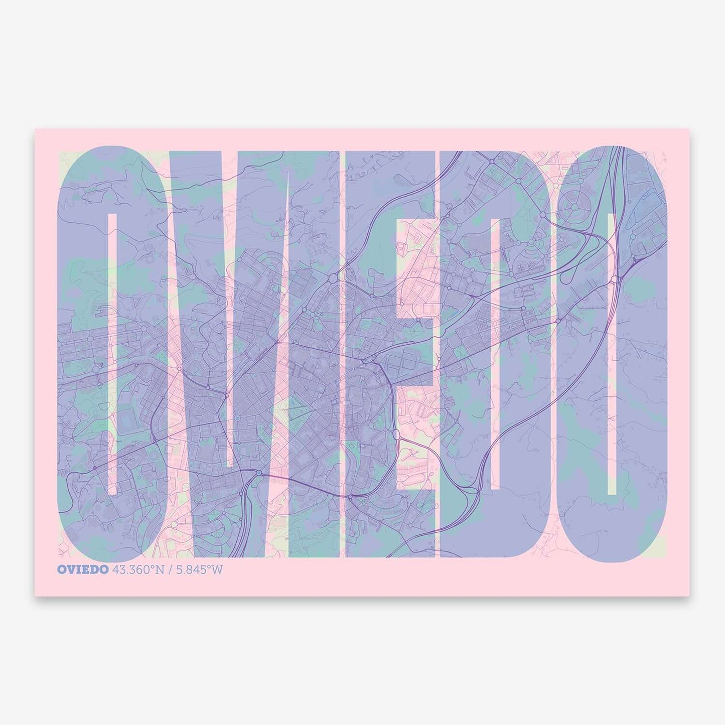 The map of Oviedo and letters of its name in a giclée print designed in pink and light blue