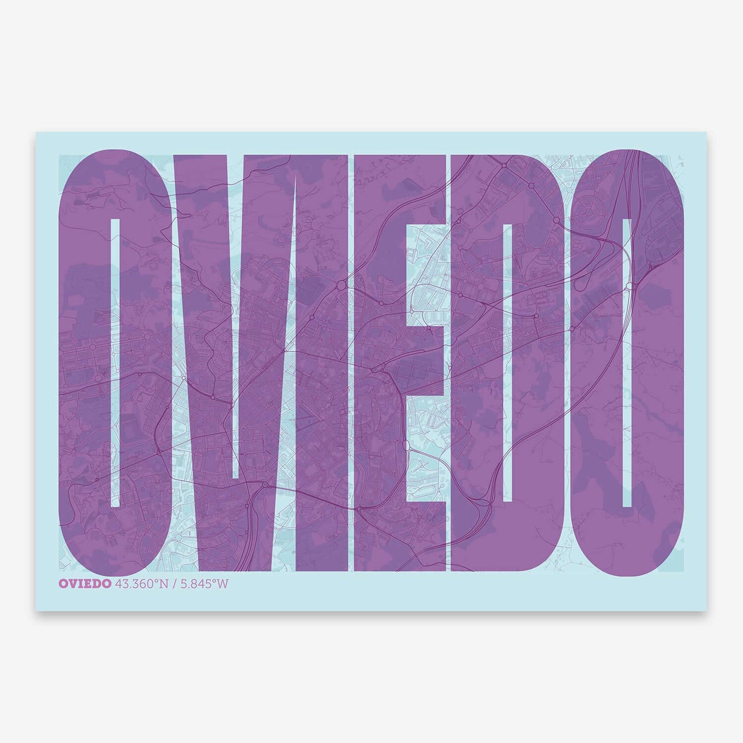 The map of Oviedo and letters of its name in a giclée print designed in purple and light blue