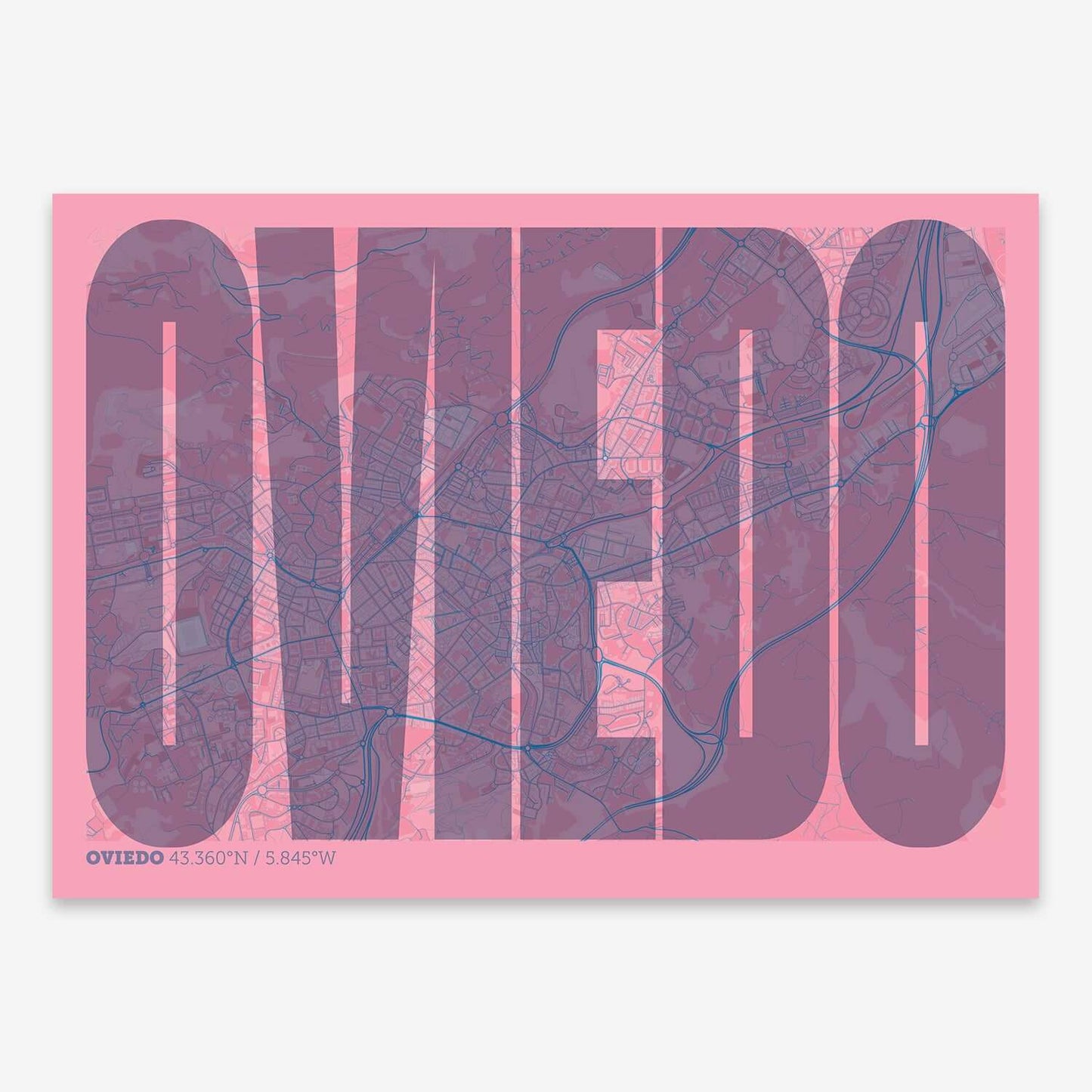 The map of Oviedo and letters of its name in a giclée print designed in violet y pink background