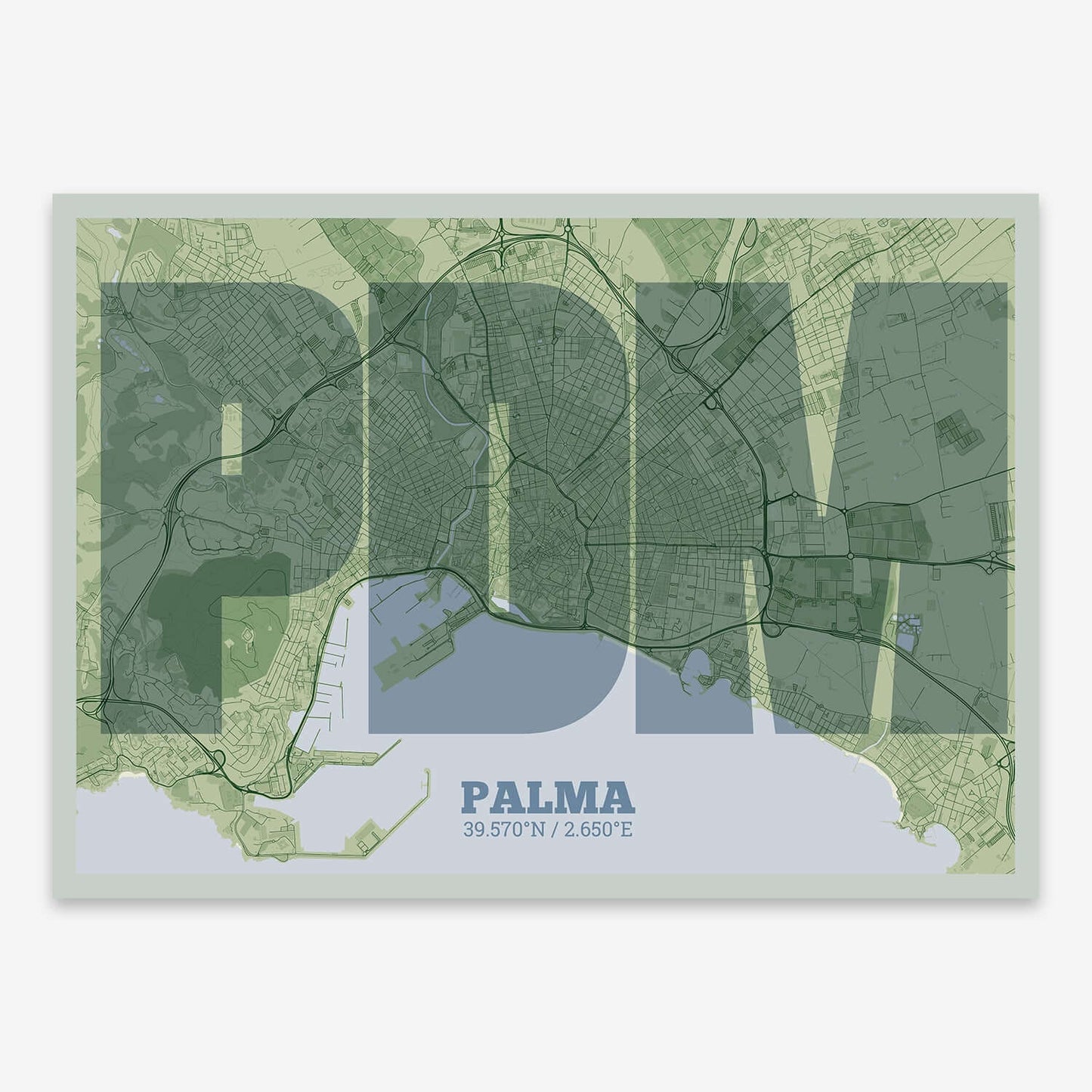 The map of Palma composed with letters in a heavy geometric font printed on two green tones