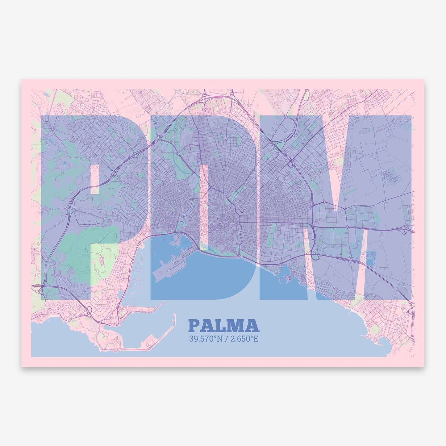 The map of Palma composed with letters in a heavy geometric font printed on pink and light blue