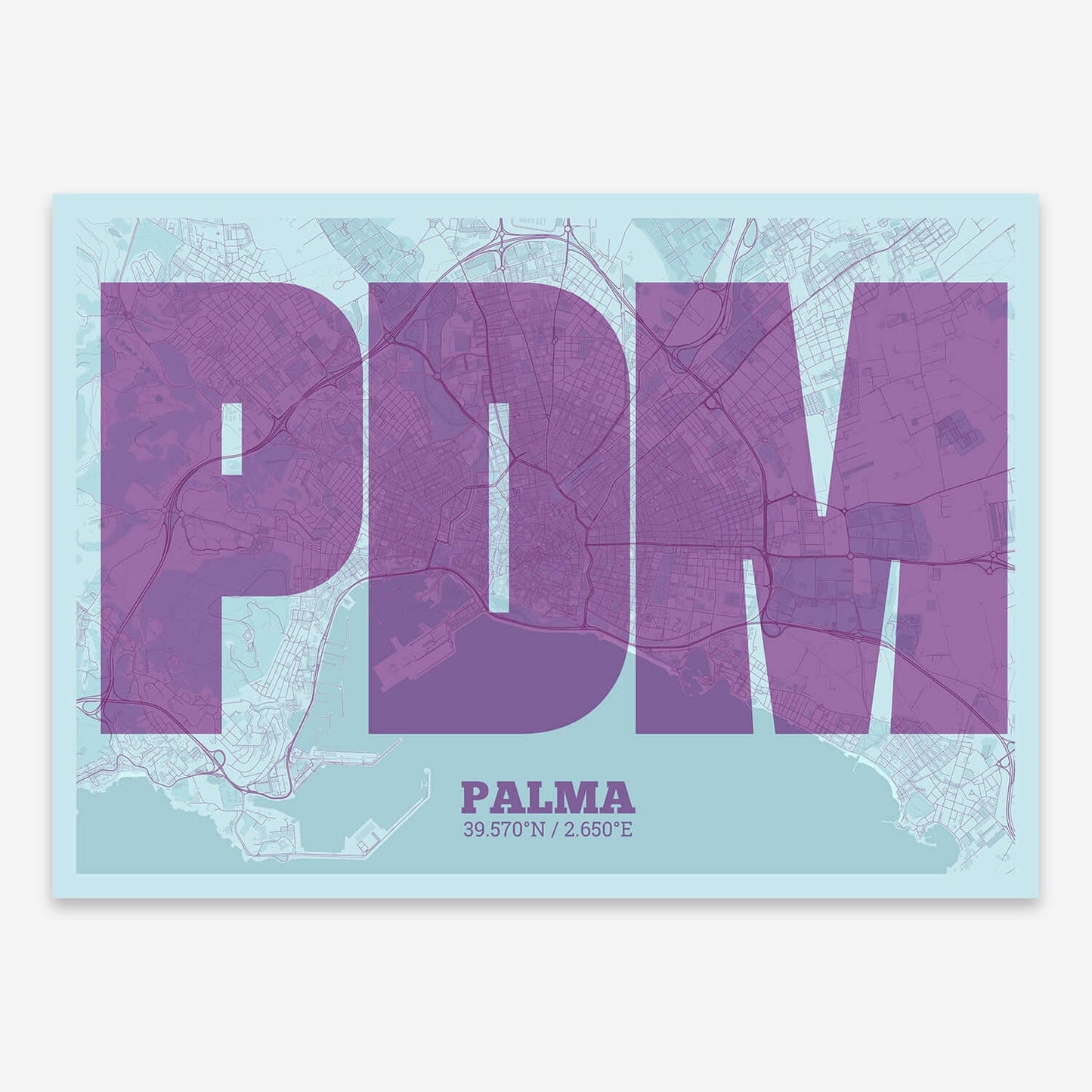 The map of Palma composed with letters in a heavy geometric font printed on purple and light blue