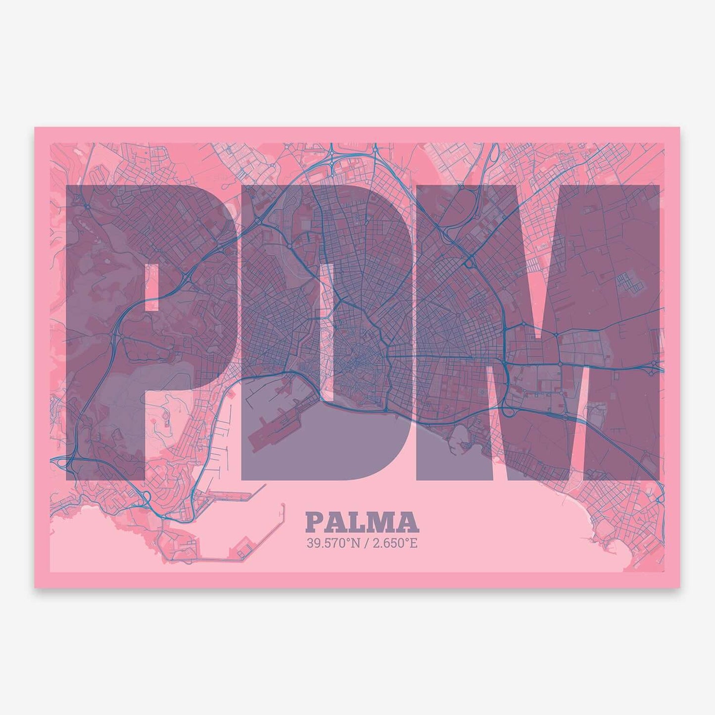 The map of Palma composed with letters in a heavy geometric font printed on violet y pink background