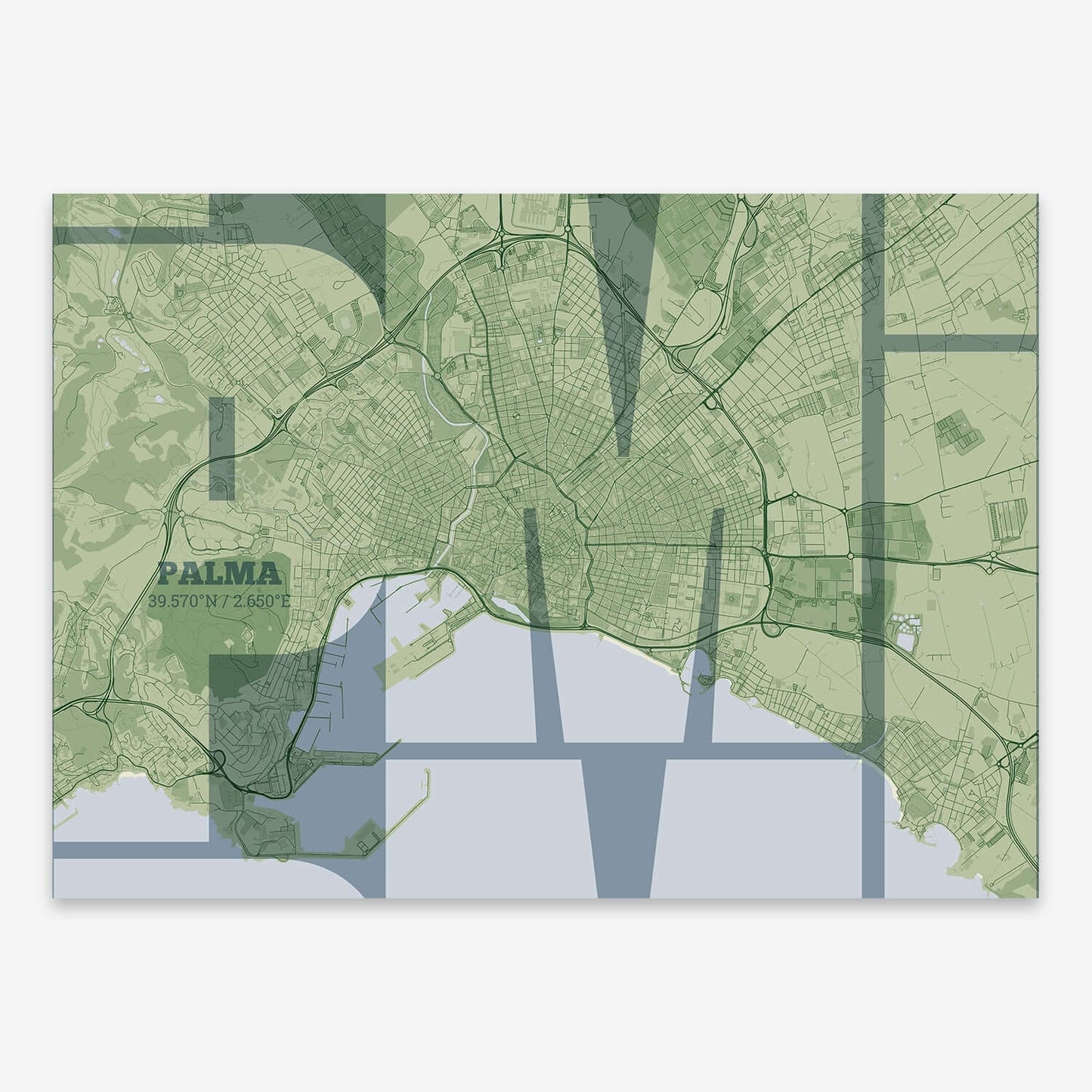 The map of Palma composed with letters from its name or IATA code printed on two green tones