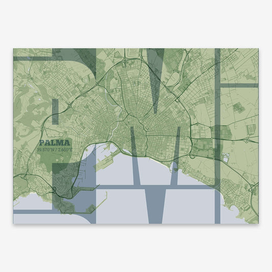 The map of Palma composed with letters from its name or IATA code printed on two green tones