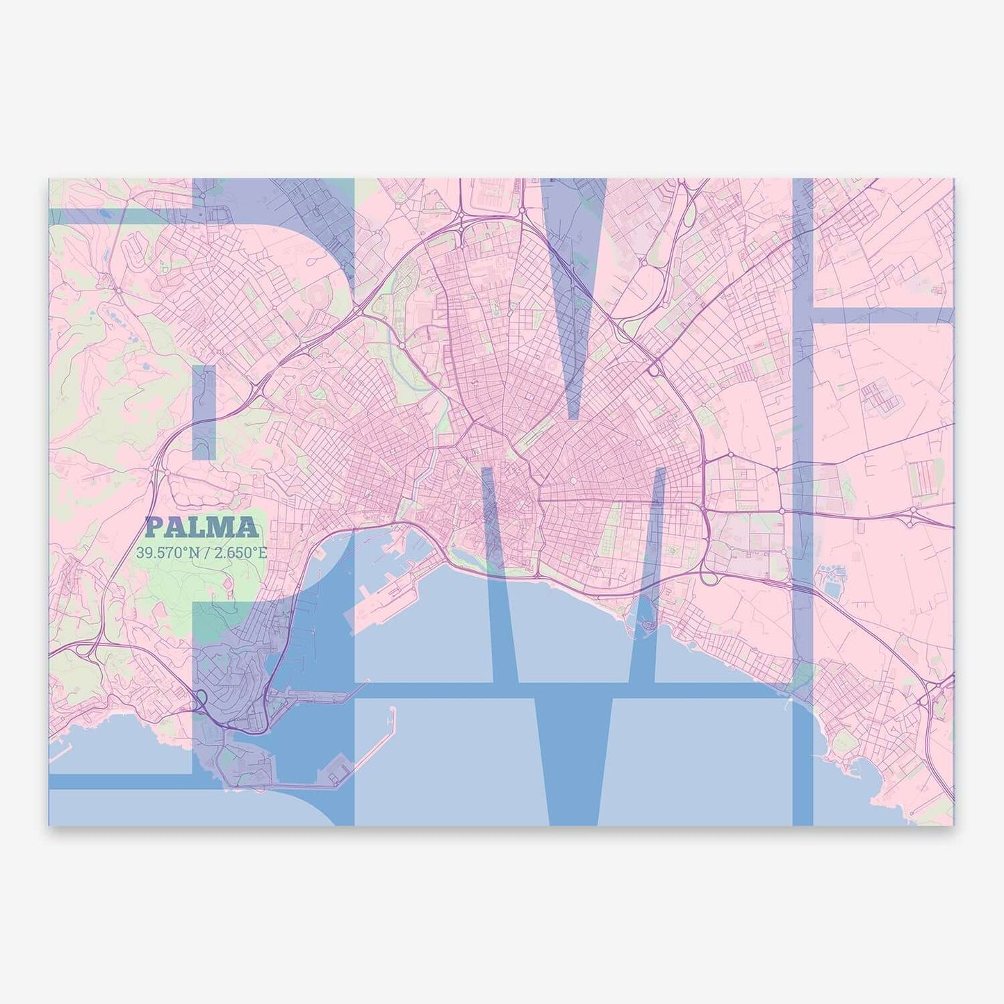 The map of Palma composed with letters from its name or IATA code printed on pink and light blue