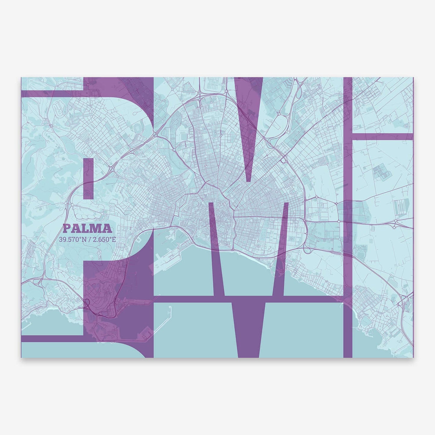 The map of Palma composed with letters from its name or IATA code printed on purple and light blue