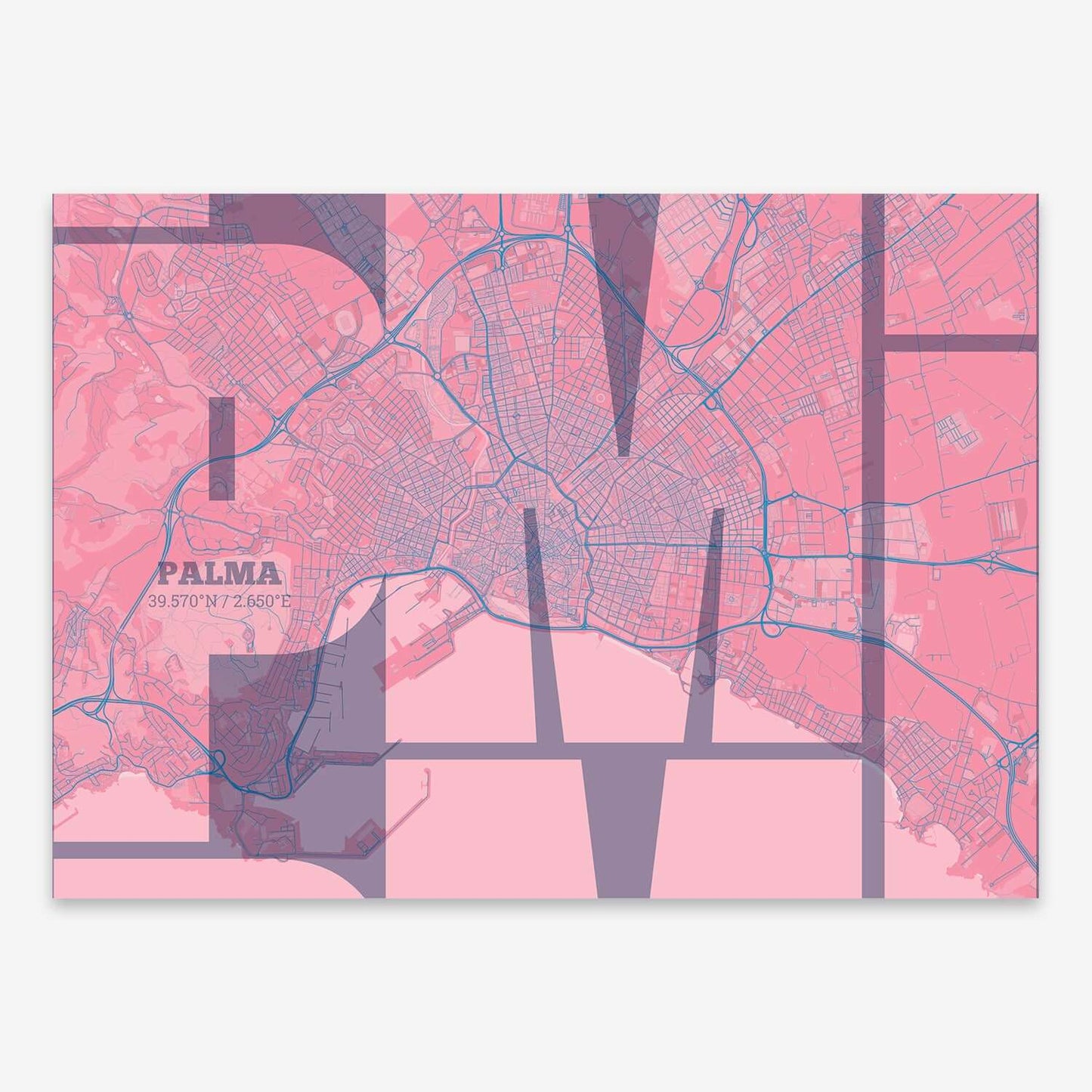 The map of Palma composed with letters from its name or IATA code printed on violet y pink background