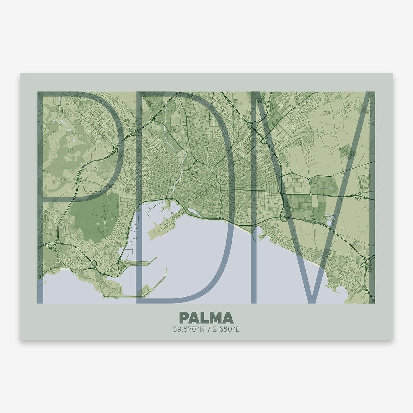 The map of Palma composed with letters in extra light font printed on two green tones